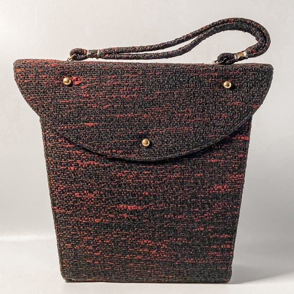 1960s Vintage Black Red Tweed Weave Medium Size Handbag Purse - Picture 4 of 14